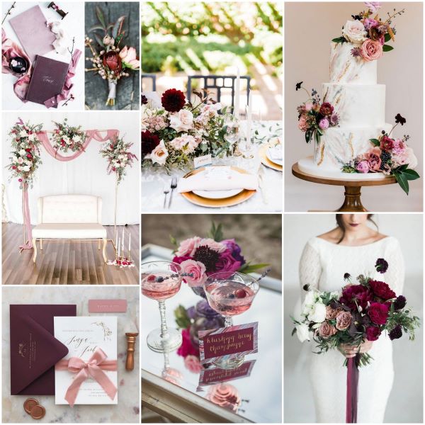 An inspiration board using berry and blush.  The board shows velvet vow books, grooms' buttonhole, wedding reception table centrepiece, 3 tier cake with flowers, canopy frame with draping and flowers, wedding invitations, pink cocktails and burgundy and blush bridal bouquet tied with a burgundy ribbon