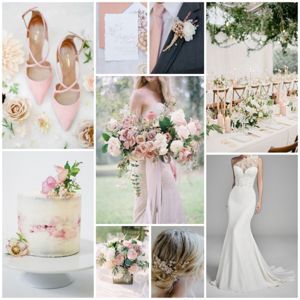 Spring blossom inspired mood board featuring bridal shoes, wedding stationery and table decor in blush, pale pink and greenery