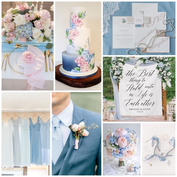 Blue hydrangea wedding inspiration board with place setting, blue bridesmaids dresses, blue and white stationery, blue wedding shoes