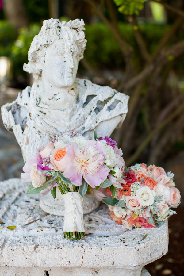 Classic wedding bouquet with  lilac, peach and pale pink roses, mixed with Dusty Miller