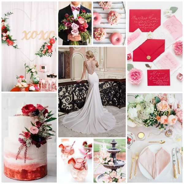 Valentines wedding inspiration with pink and red stationery, flowers and doughnuts