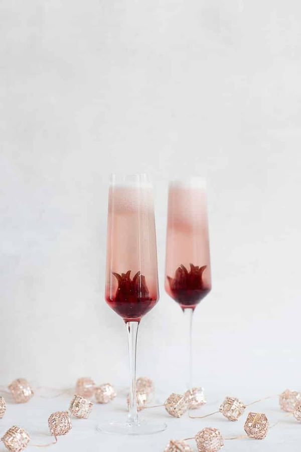 Hibiscus cocktail in champagne flute