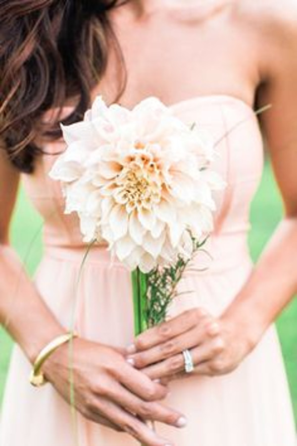 Single stem dahlia wedding bouquet with sprigs of greenery