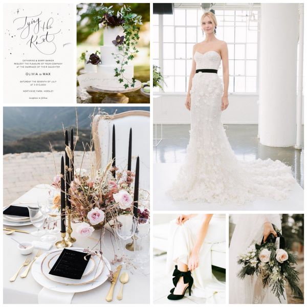 Inspiration board with ideas for using black as an accent in your wedding.  