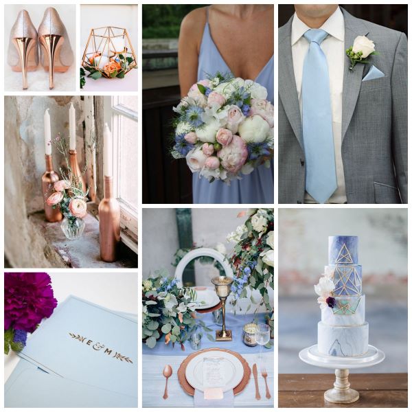 Inspiration board with ideas for using dusty blue and copper in your wedding.  Bridesmaid bouquet, blue wedding cake, groom's suit, place setting