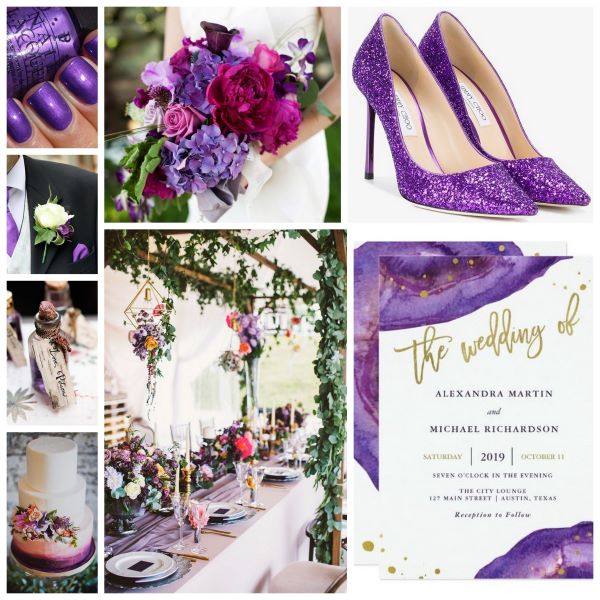 Wedding inspiration using Pantone's Ultra Violet.  Purple wedding invitations, glitter shoes, bouquet, wedding table