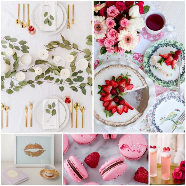 Inspiration board with pink macarons, cocktail, strawberry cake and place setting. 