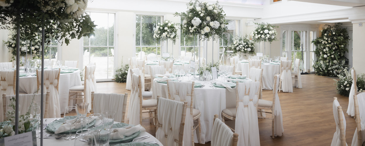 Wedding reception at Pembroke Lodge with flowers in green and white